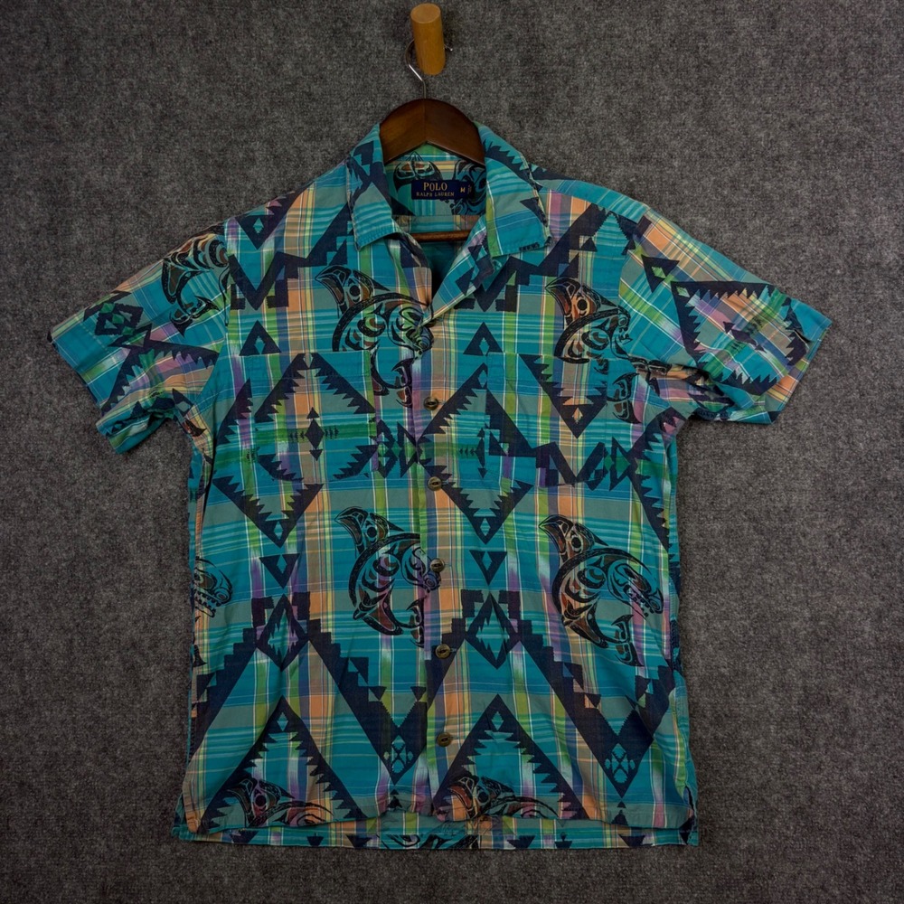 Polo Ralph Lauren Shirt Mens M Turquoise Southwest Tribal Plaid Short Sleeve
